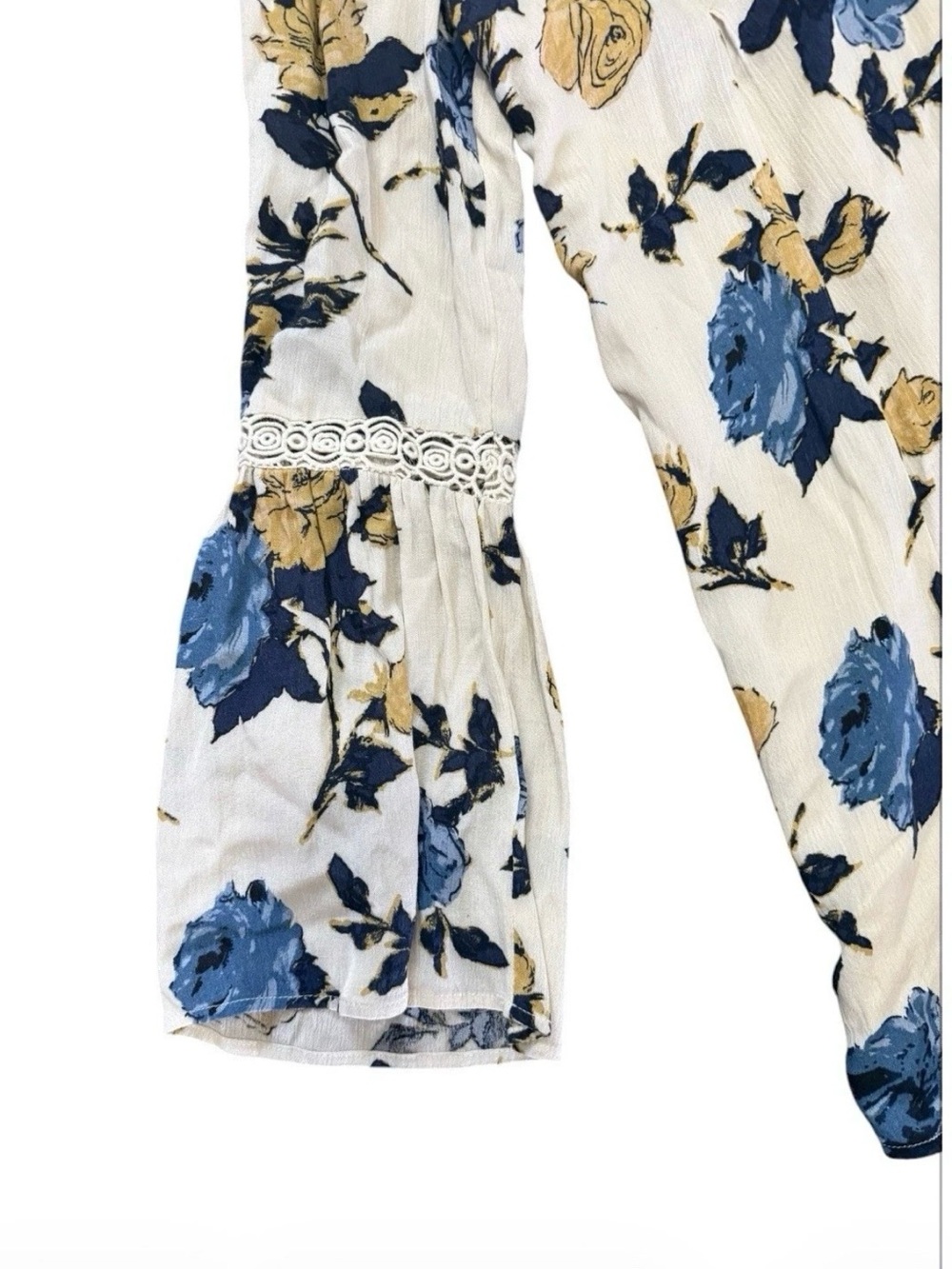 Altar'd State Oatmeal Floral Button-Top with Lace Navy and Mustard Accents Boho - Picture 3 of 6